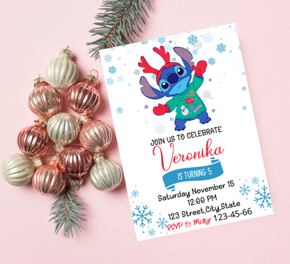 Stitch Christmas Birthday Winter Invitation | Holiday Party Invite | Editable Template