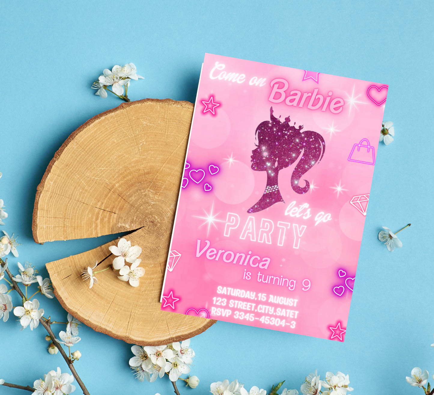 Barbie Pink Glitter Birthday Invitation | Glam Doll Party Invite | Editable Canva Template | Sparkly Printable Girl Birthday Invitation