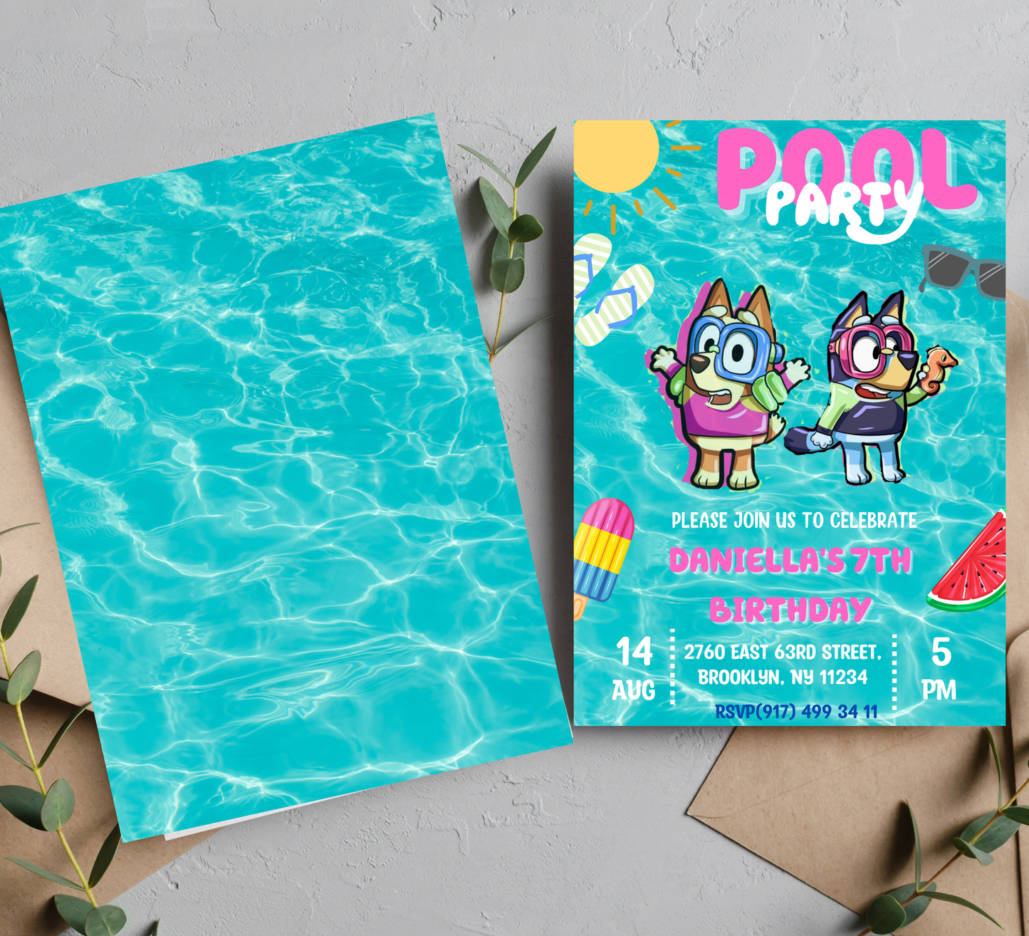Bluey Pool Waterslide Birthday Invitation | Summer Swim Party | Editable Canva Template