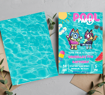 Bluey Pool Waterslide Birthday Invitation | Summer Swim Party | Editable Canva Template