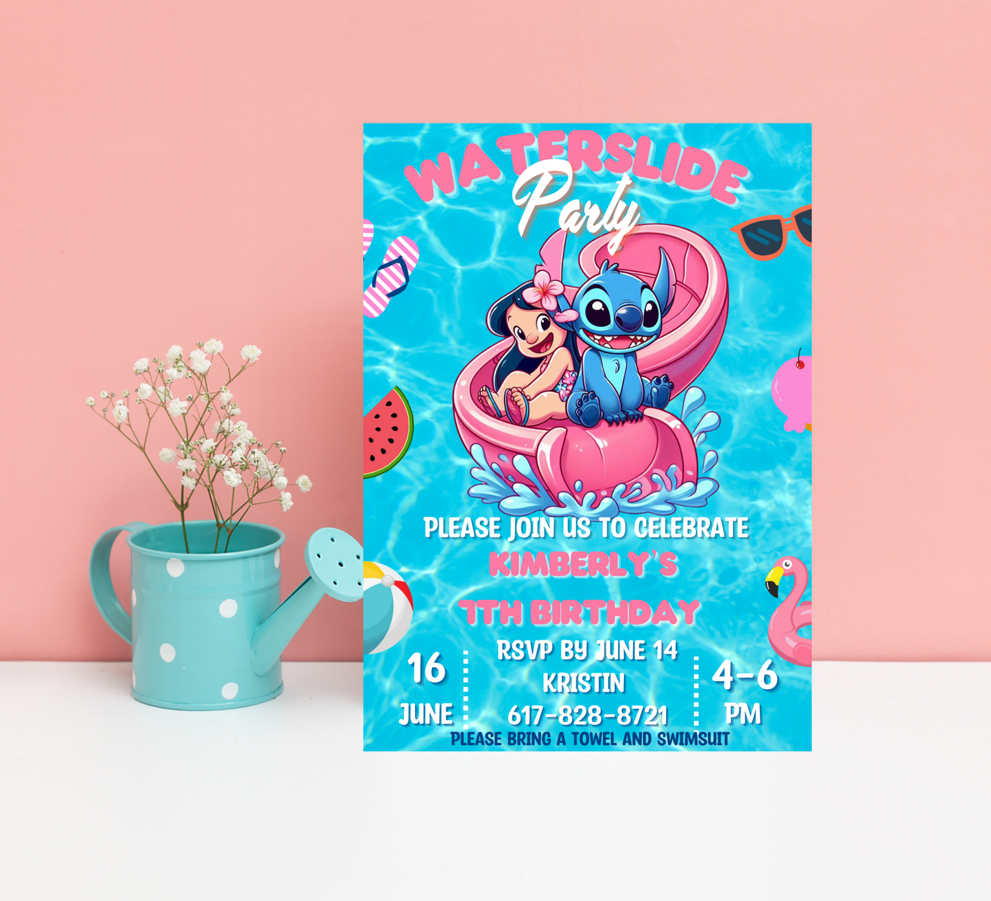 Stitch & Lilo Pink Waterslide Pool Birthday Invitation | Tropical Summer Party Invite | Editable Canva Template | Cute Pool Slide Birthday Printable