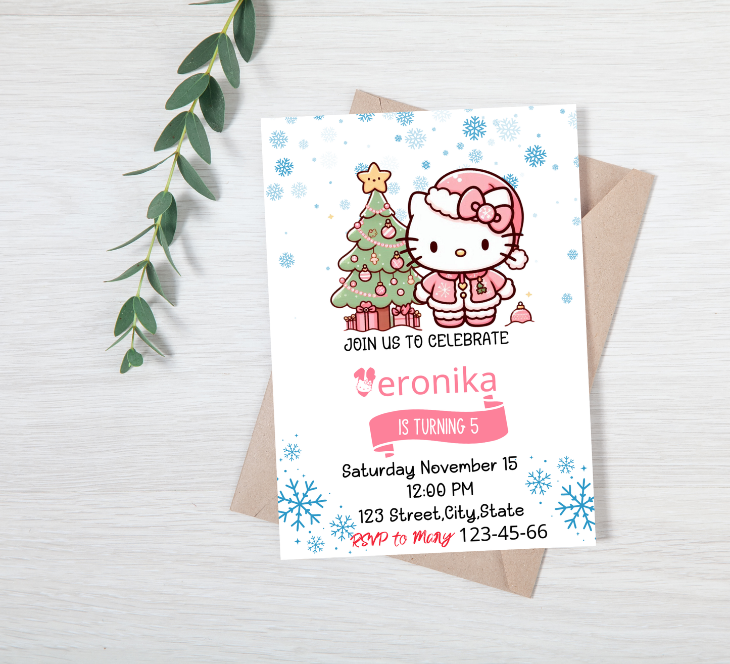 Hello Kitty Pink Winter Christmas Birthday Invitation | Cute Holiday Birthday Invite | Editable Canva Template | Printable Girl’s Winter Wonderland Party
