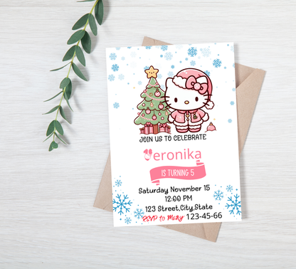 Hello Kitty Pink Winter Christmas Birthday Invitation | Cute Holiday Birthday Invite | Editable Canva Template | Printable Girl’s Winter Wonderland Party