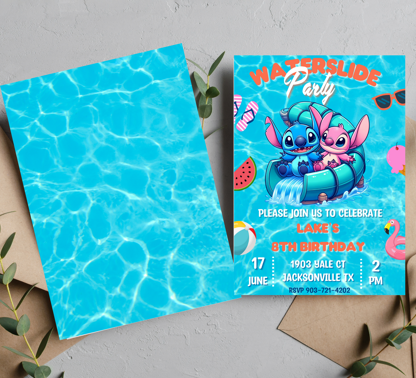 Stitch & Angel Waterslide Pool Birthday Invitation | Editable Canva Template | Cute Kawaii Summer Swim Party Invite | Printable Kids Birthday Invitation