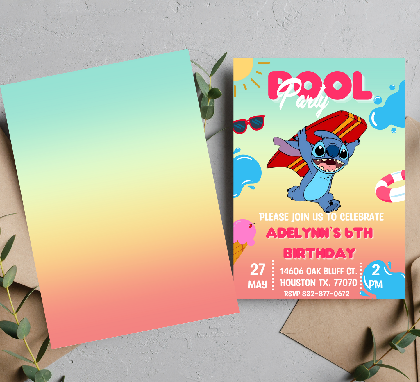 Stitch Surf Pool Birthday Invitation | Tropical Surfing Swim Party | Editable Canva Template