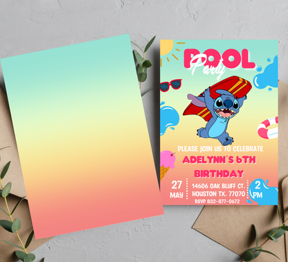Stitch Surf Pool Birthday Invitation | Tropical Surfing Swim Party | Editable Canva Template