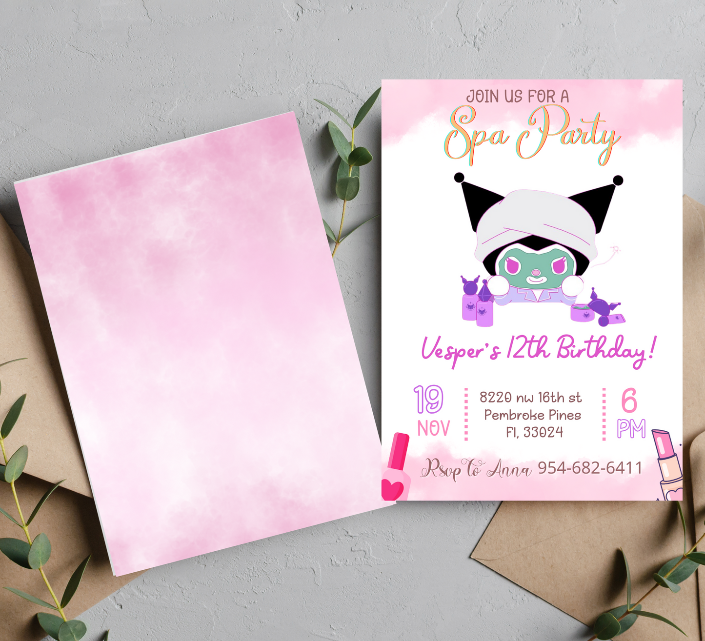Kawaii Kuromi Sleepover Spa Birthday Invitation | Pink Slumber Party Invite | Editable Canva Template | Cute Anime Spa Party Invitation