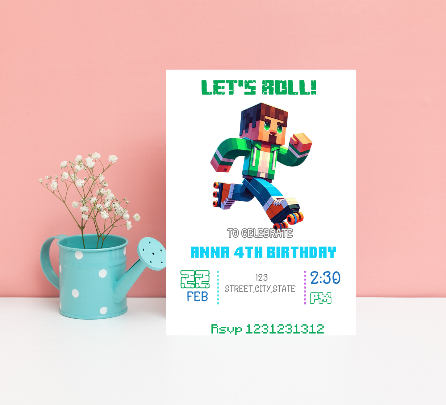 Minecraft Roller Skating Birthday Invitation | Kids Glow Skate Invite | Editable Canva Template