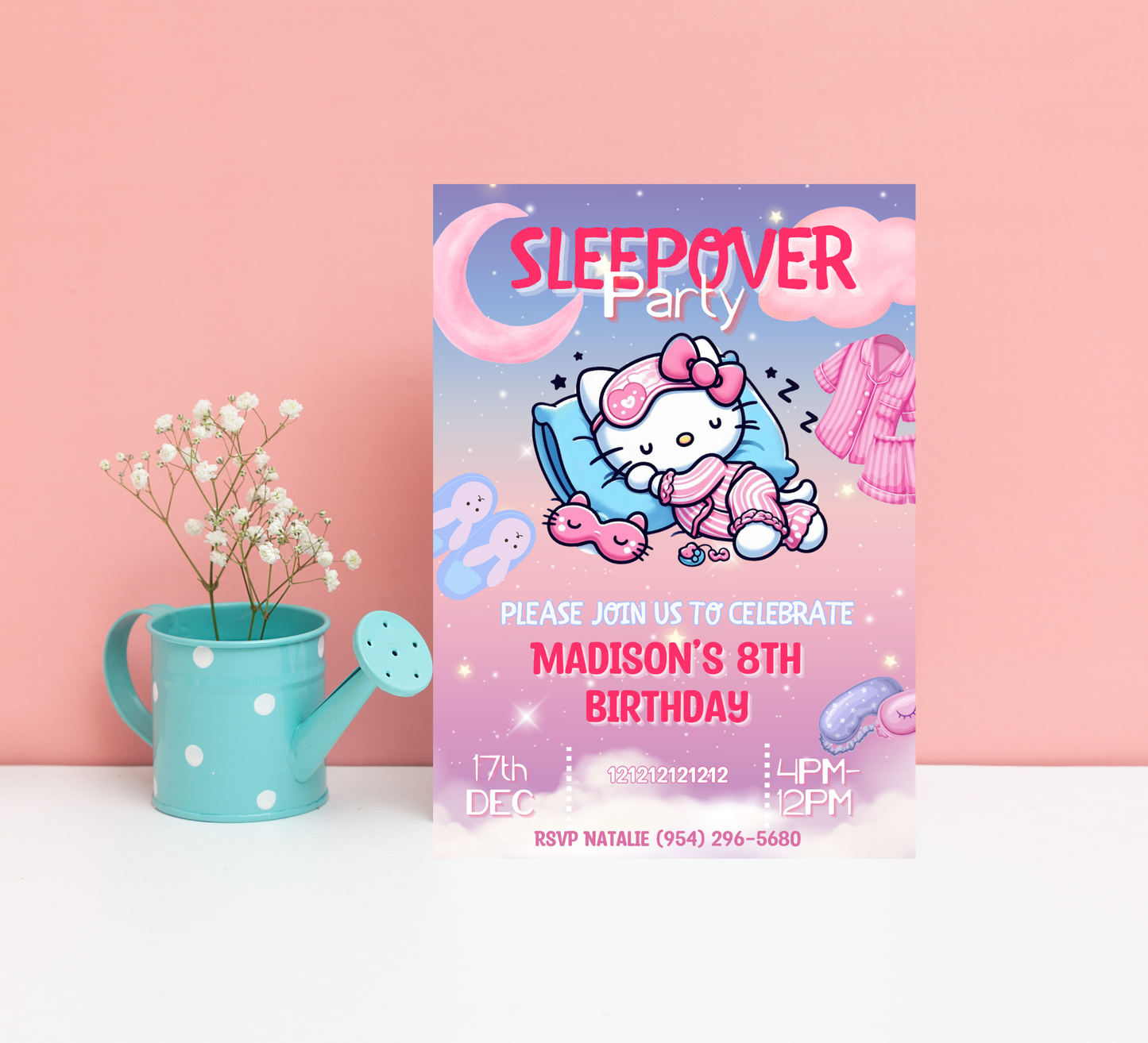 Hello Kitty Sleepover Gradient Slumber Birthday Invitation | Kawaii Girls Party | Editable Canva Template