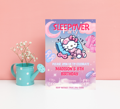 Hello Kitty Sleepover Gradient Slumber Birthday Invitation | Kawaii Girls Party | Editable Canva Template