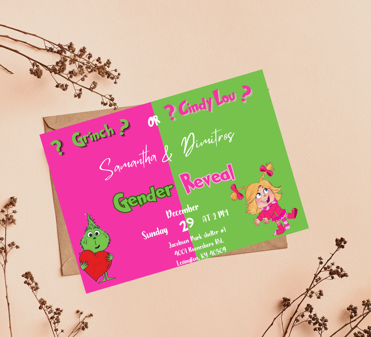 Grinch & Cindy Lou Gender Reveal Invitation | Pink & Green Christmas Reveal | Editable Template