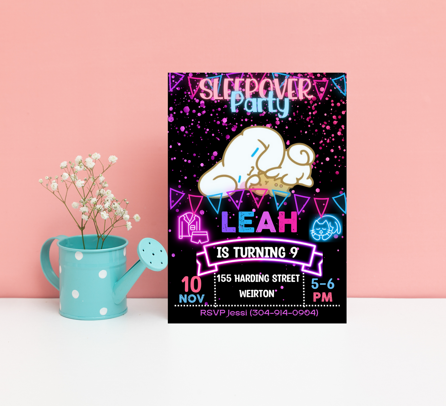 Cinnamoroll Neon Sleepover Invite | Cute Kawaii Glow In The Dark Birthday Canva Template ☁️⚡💖