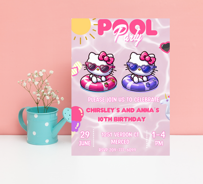 Hello Kitty Pool Birthday Invitation for Two Kids | Editable Canva Template | Kawaii Swim Party Invite | Printable Double Birthday Invitation