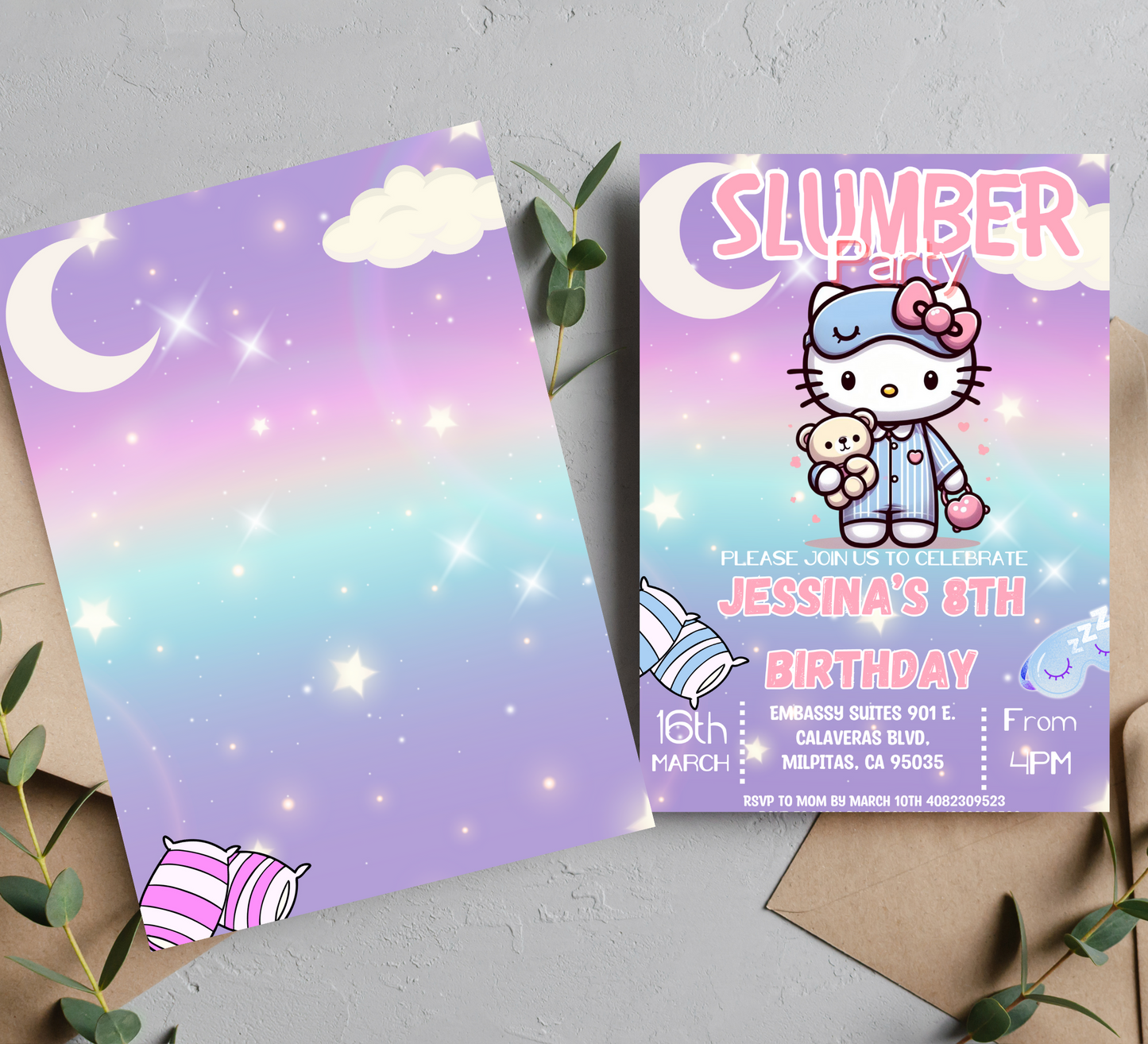 Hello Kitty Sleepover Party Invitation | Editable Girls Slumber Party Invite | Kawaii Nighttime Birthday Invitation | Printable Template