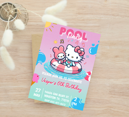 Hello Kitty & My Melody Pool Birthday Invitation | Kawaii Summer Swim Party | Editable Canva Template