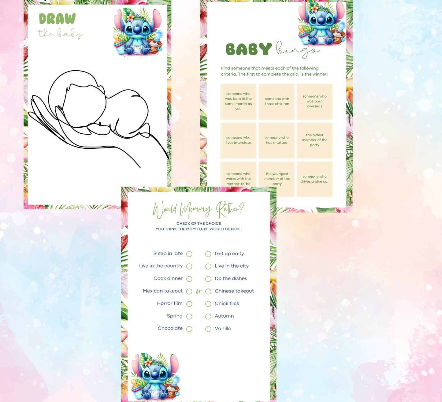 Stitch Baby Shower Tropical Ohana Games Bundle | Printable Hawaii Party Games| Editable Canva Template | Ohana Means Family Baby Shower Activities | Tropical Puppy & Angel Game Set