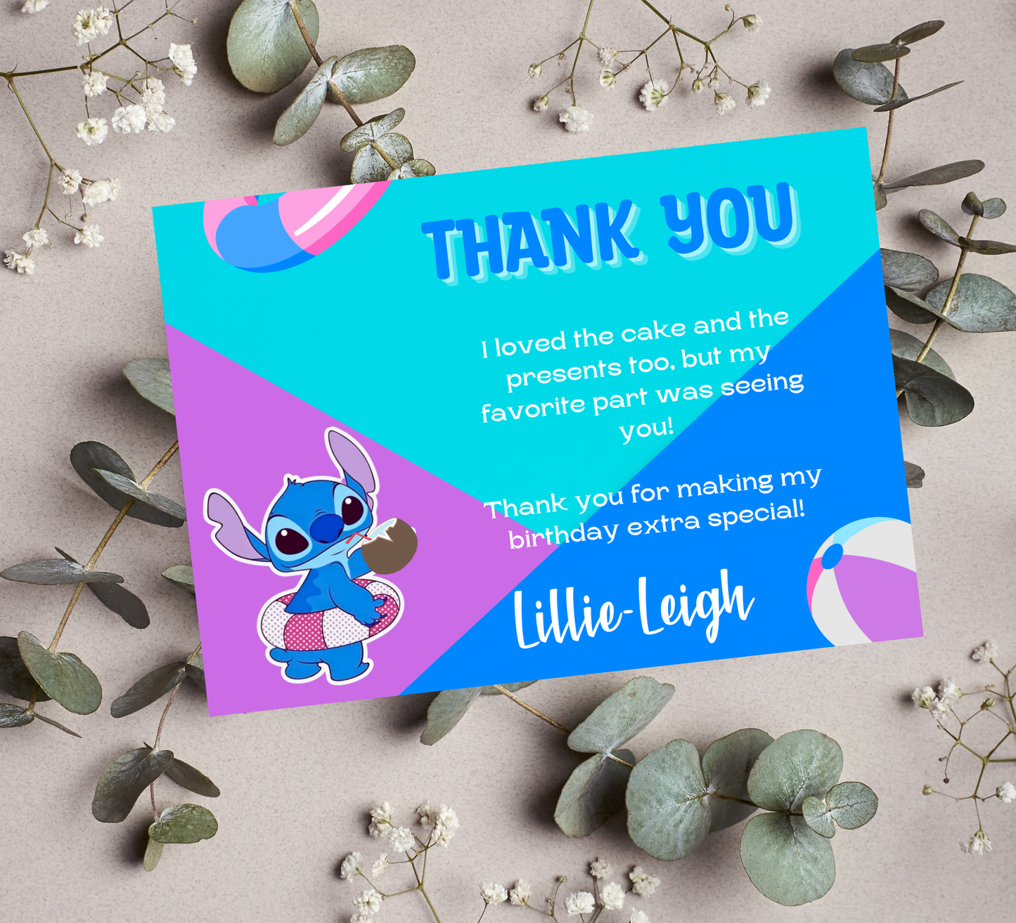 Stitch & Lilo Pool Blue and Purple Birthday Invitation | Tropical Swim Party | Editable Canva Template