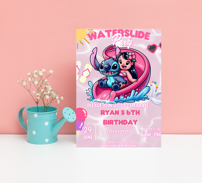 Stitch & Lilo Pink Waterslide Pool Birthday Invitation | Tropical Summer Swim Party | Editable Canva Template | Cute Pool Slide Printable