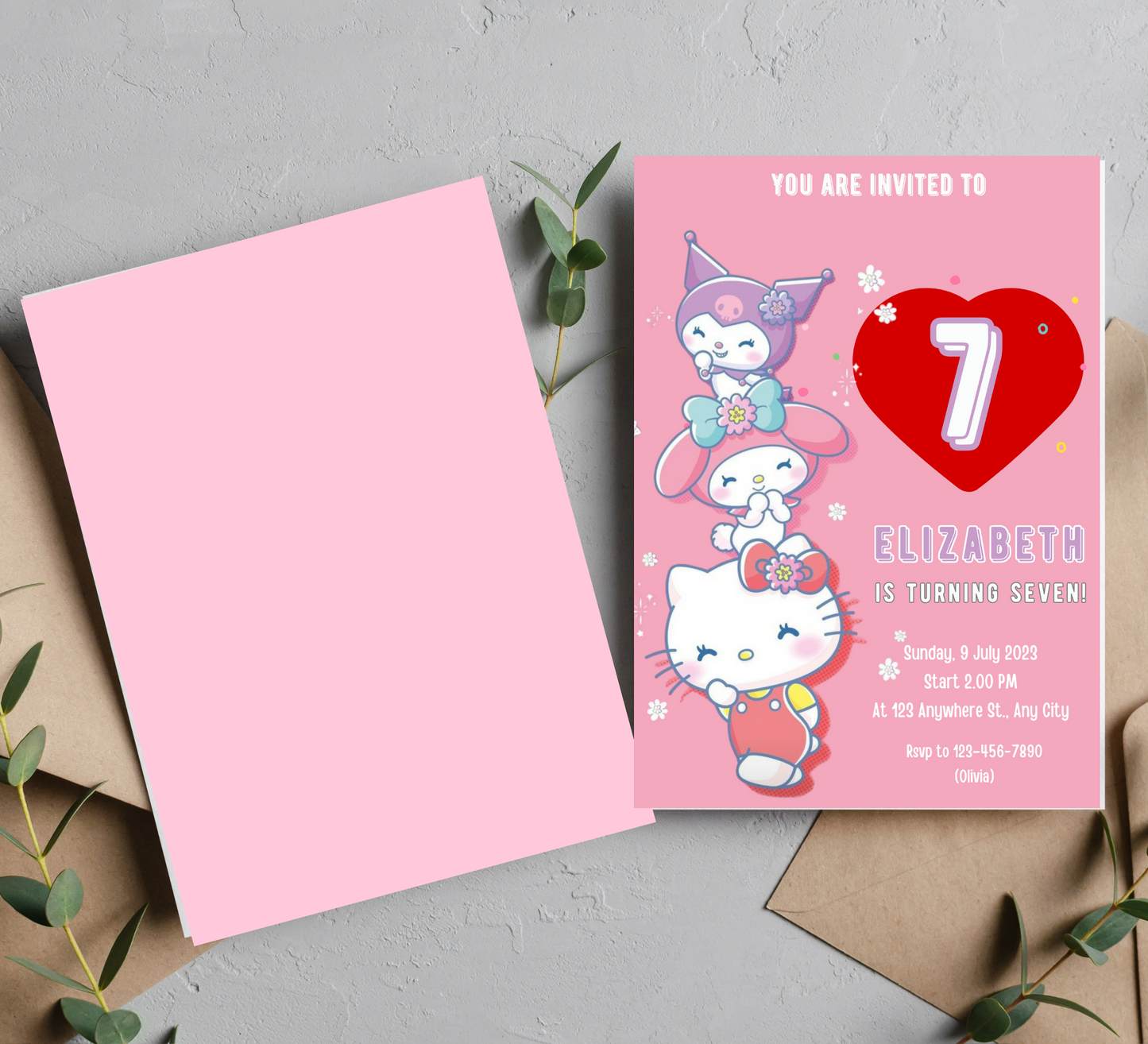 Kawaii Hello Kitty, My Melody & Kuromi Pink Birthday Invitation | Editable Canva Template | Cute Printable Girls Party Invite