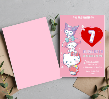 Kawaii Hello Kitty, My Melody & Kuromi Pink Birthday Invitation | Editable Canva Template | Cute Printable Girls Party Invite