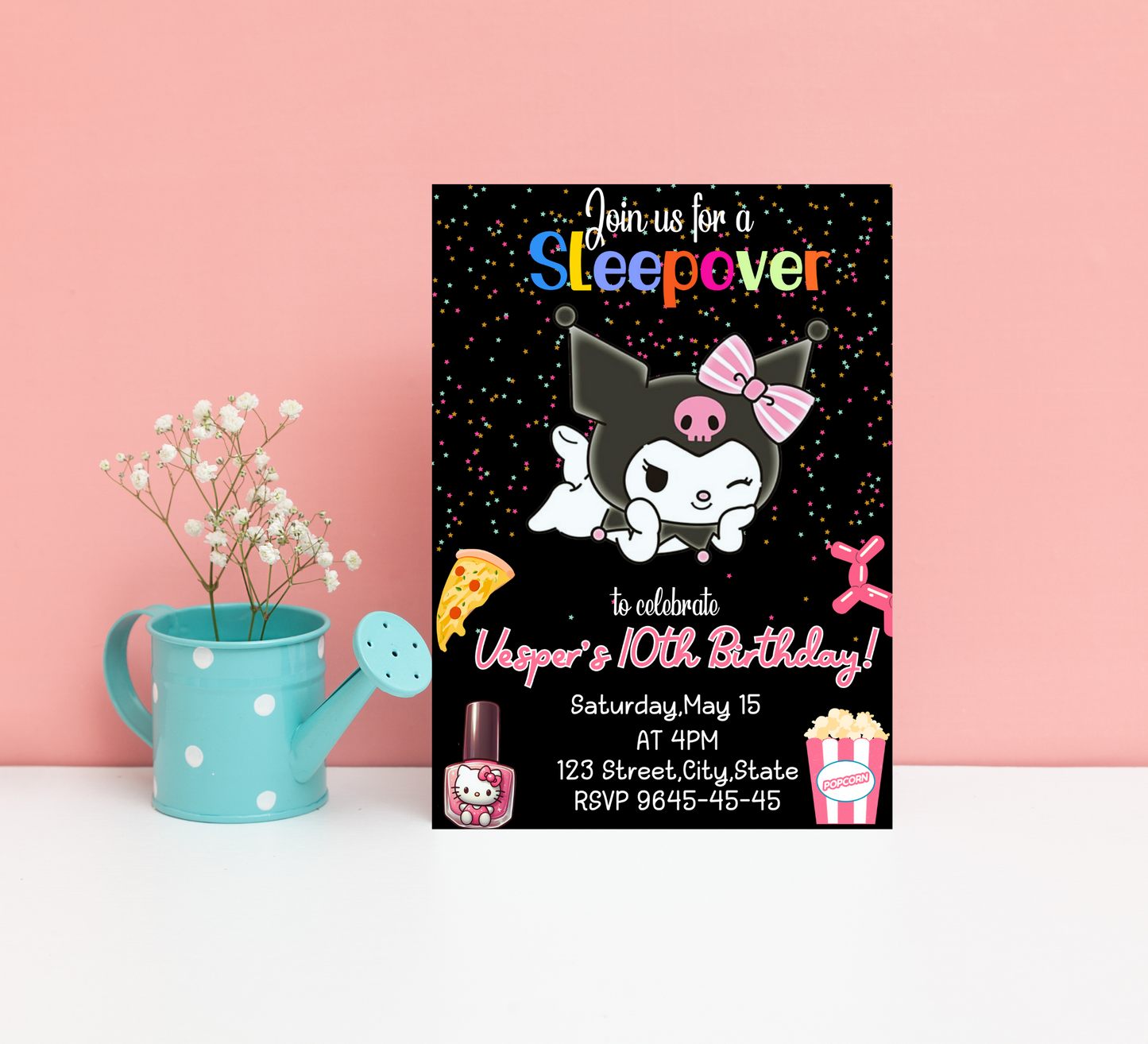 Kawaii Kuromi Neon Sleepover Birthday Invitation | Slumber Party Invite | Editable Canva Template | Cute Glow Party Printable