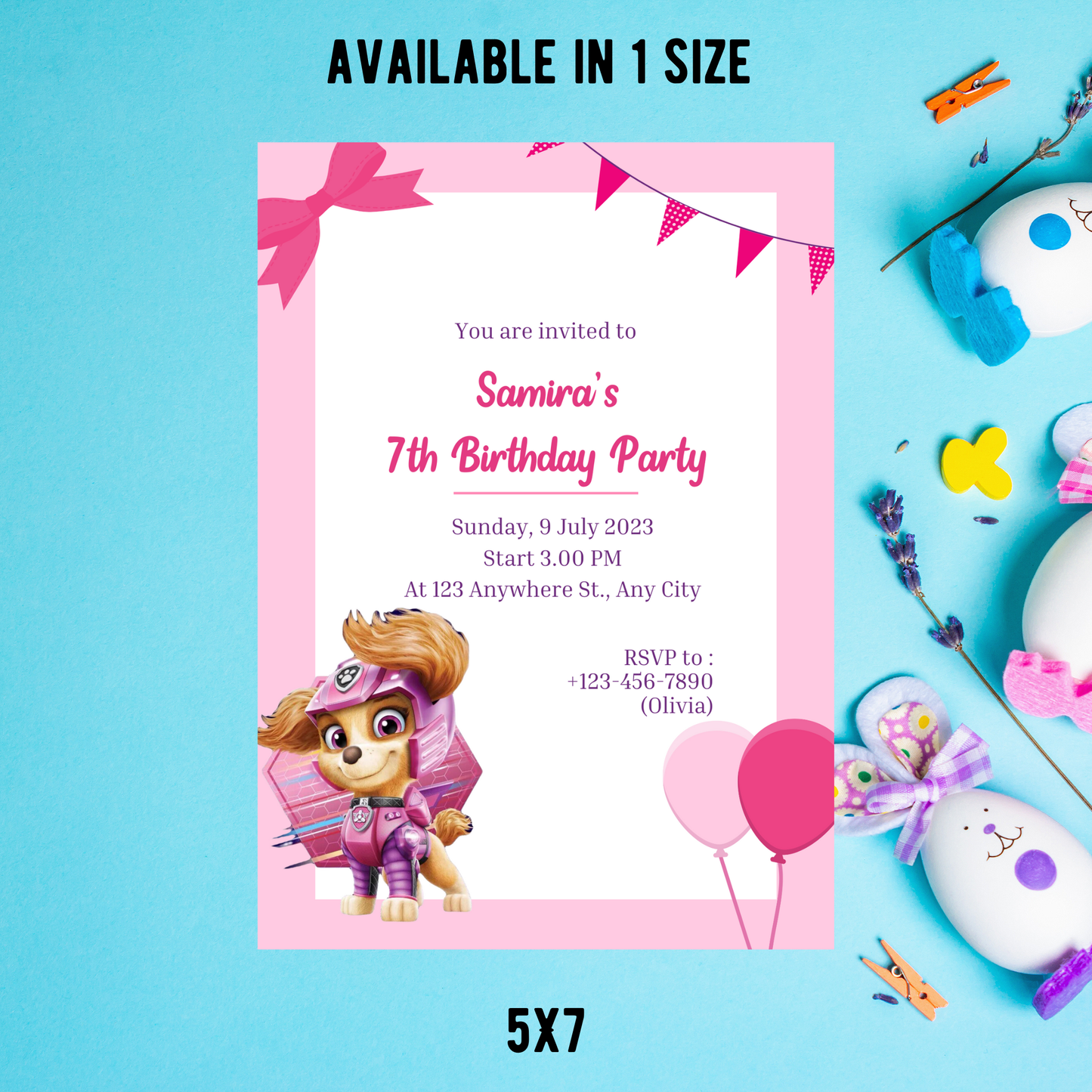 Paw Patrol Skye Pink Birthday Invitation | Girl Puppy Party Invite | Editable Template