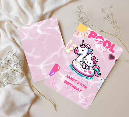 Hello Kitty Unicorn Pool Birthday Invitation | Editable Canva Template | Kawaii Summer Swim Party Invite | Printable Girls Birthday Invitation