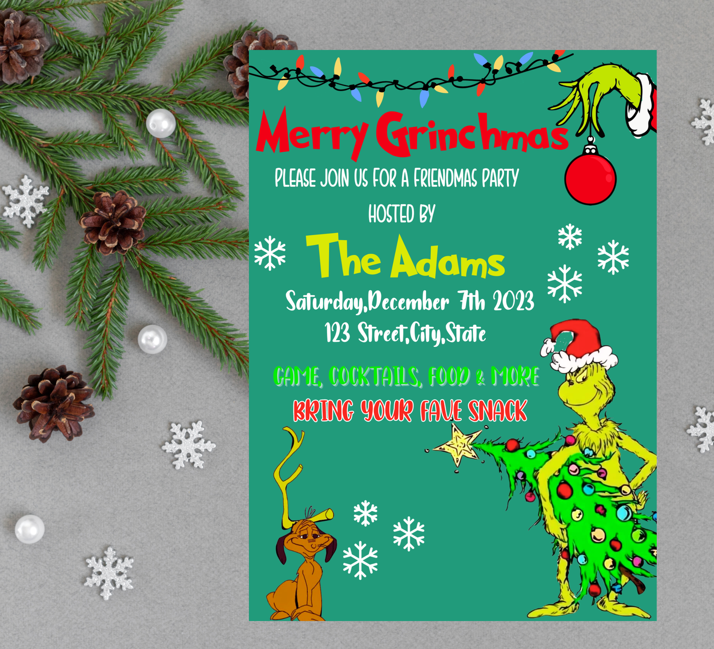 Grinch Green Christmas Invitation | Merry Grinchmas Holiday Party Invite | Editable Template