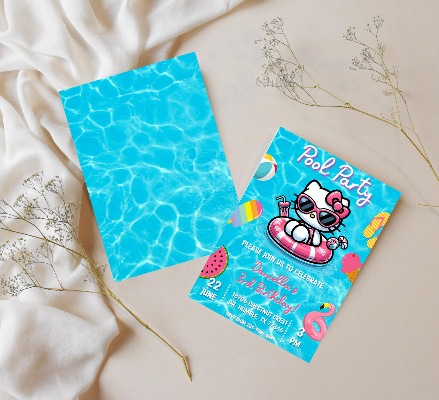 Hello Kitty Pool Blue Birthday Invitation | Editable Canva Template | Kawaii Summer Swim Party Invite | Printable Girls Birthday Invitation