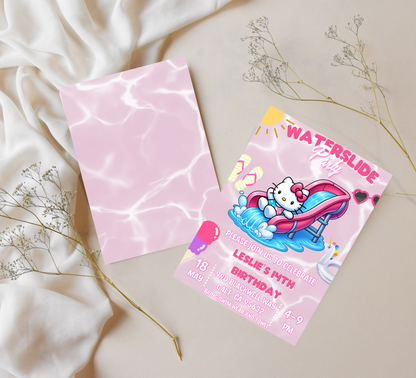 Hello Kitty Waterslide Pink Birthday Invitation 🎀💦 | Kawaii Pool Party | Editable Canva Template