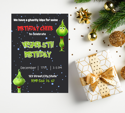 Grinch Birthday Christmas Invitation | Grinchmas Holiday Party Invite | Editable Template