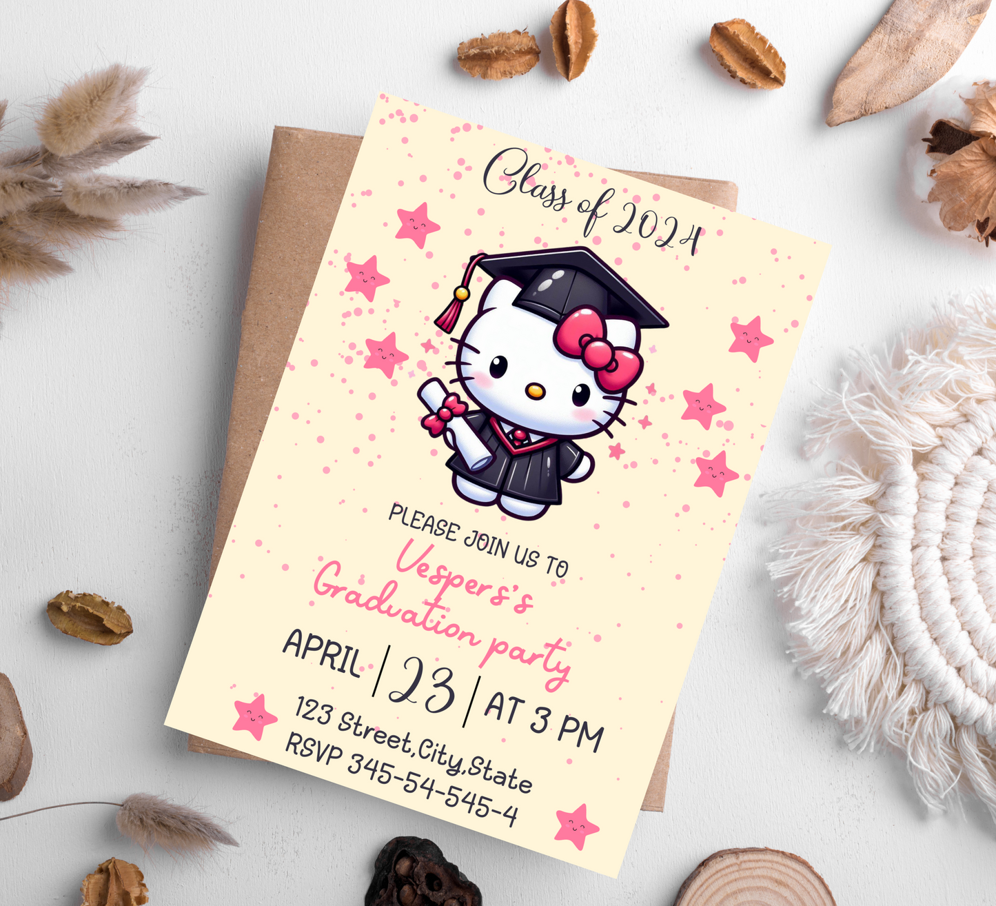 Hello Kitty Kawaii Graduation Invitation | Preschool, Kindergarten & School Editable Canva Template | Cute Pink Printable Graduation Invite