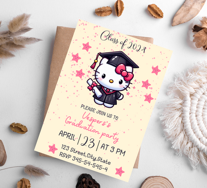 Hello Kitty Kawaii Graduation Invitation | Preschool, Kindergarten & School Editable Canva Template | Cute Pink Printable Graduation Invite