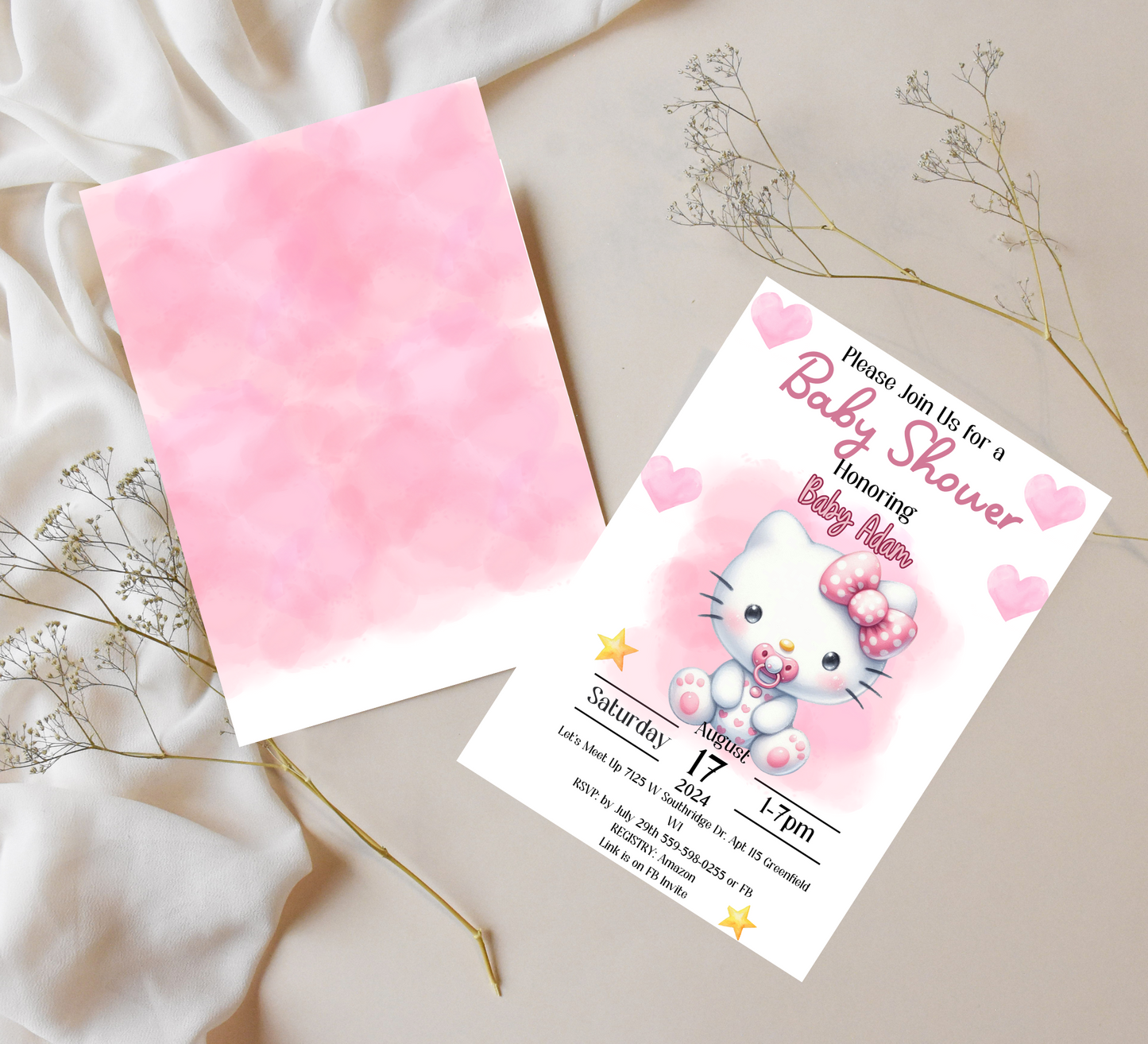 Hello Kitty Pink Baby Shower Invitation | Watercolor Baby Shower Invite | Editable Canva Template | Cute Kawaii Printable Invitation