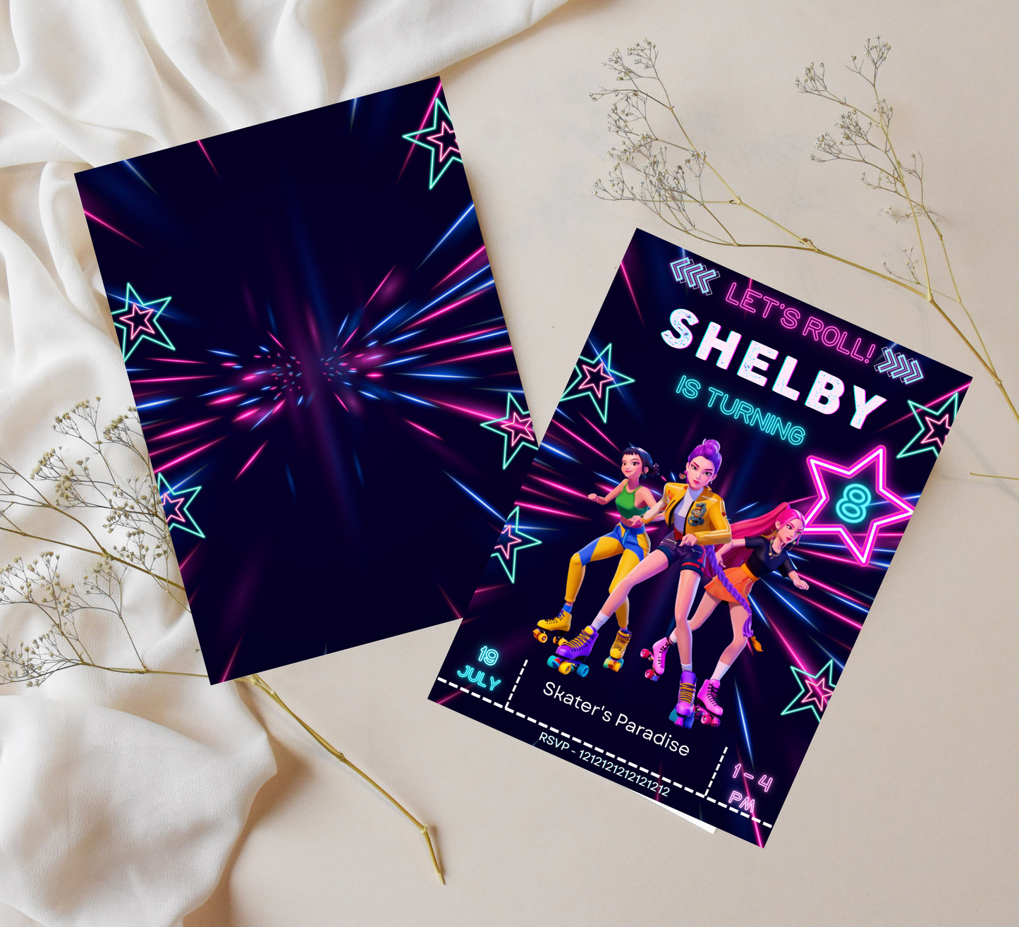 K-Pop Demos Neon Roller Skating Birthday Invitation | Glow Party Skate Invite | Editable Canva Template | K-Pop Birthday Printable