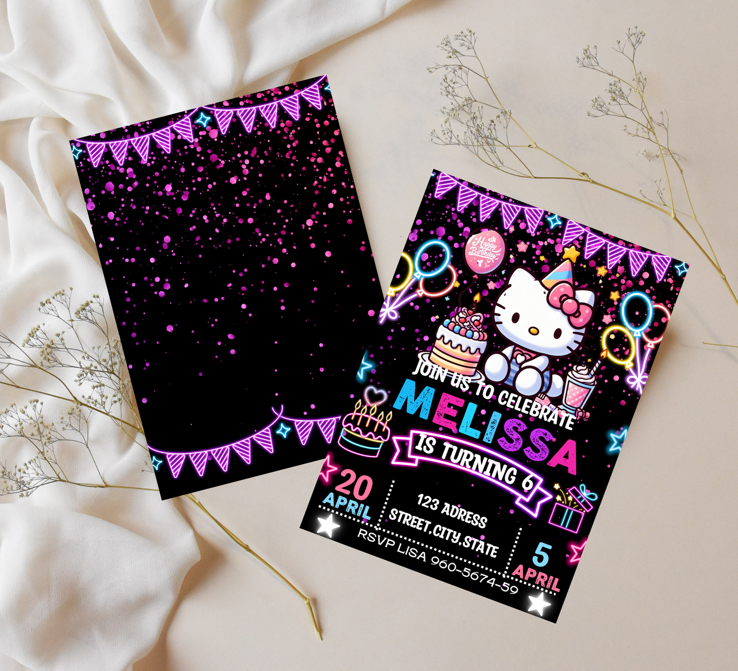 Hello Kitty Neon Birthday Invitation | Editable Glow Party Invite | Kawaii Girls Birthday Printable Template