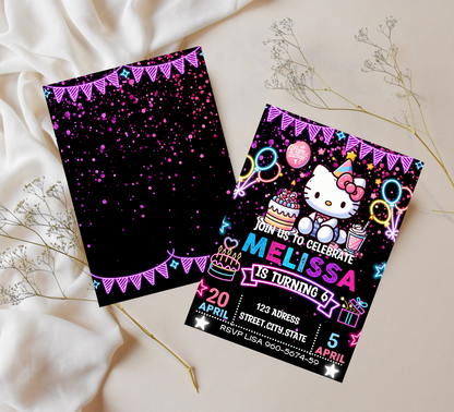 Hello Kitty Neon Birthday Invitation | Editable Glow Party Invite | Kawaii Girls Birthday Printable Template