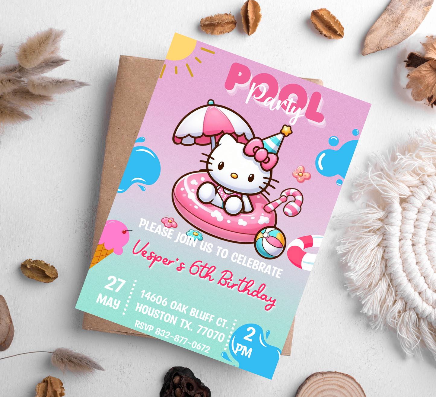 Hello Kitty Pool Gradient Birthday Invitation | Kawaii Summer Swim Party Invite | Editable Canva Template | Printable Girls Birthday Invitation
