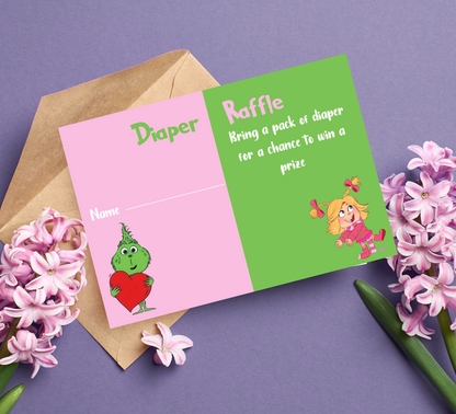 Grinch & Cindy Lou Diaper Raffle Tickets | Editable Canva Template | Printable Baby Shower Game | Holiday Themed Baby Shower