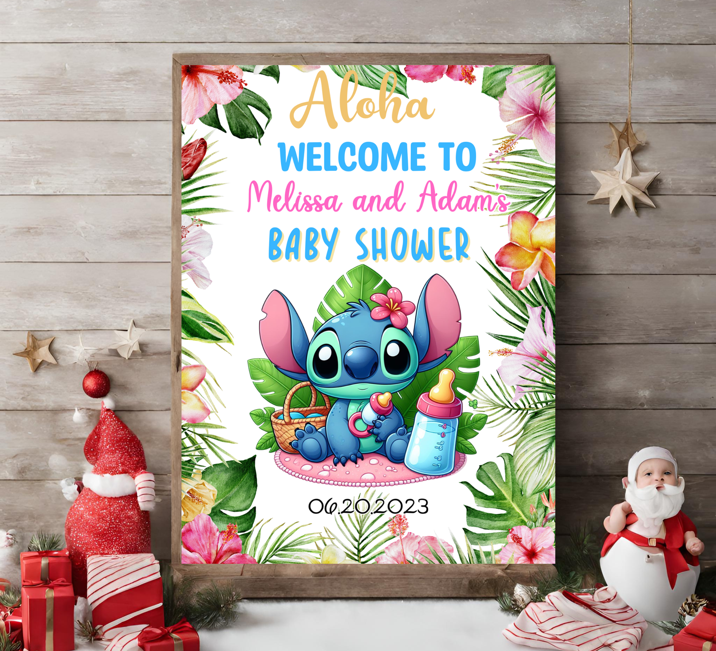 Stitch Aloha Baby Shower Welcome Sign | Tropical Hawaii Baby Shower Decor | Editable Canva Template | Ohana Welcome Poster Printable
