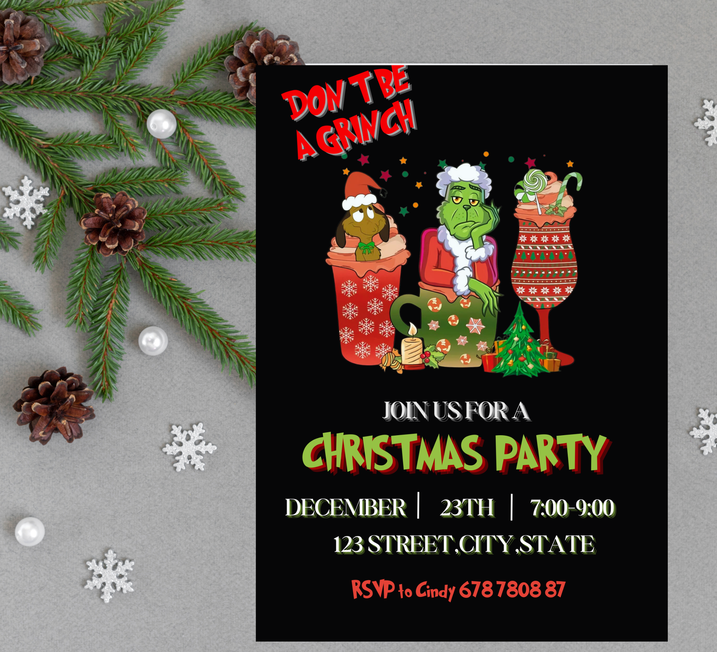 Grinch Christmas Winter Party Invitation | Grinchmas Holiday Invite | Editable Template