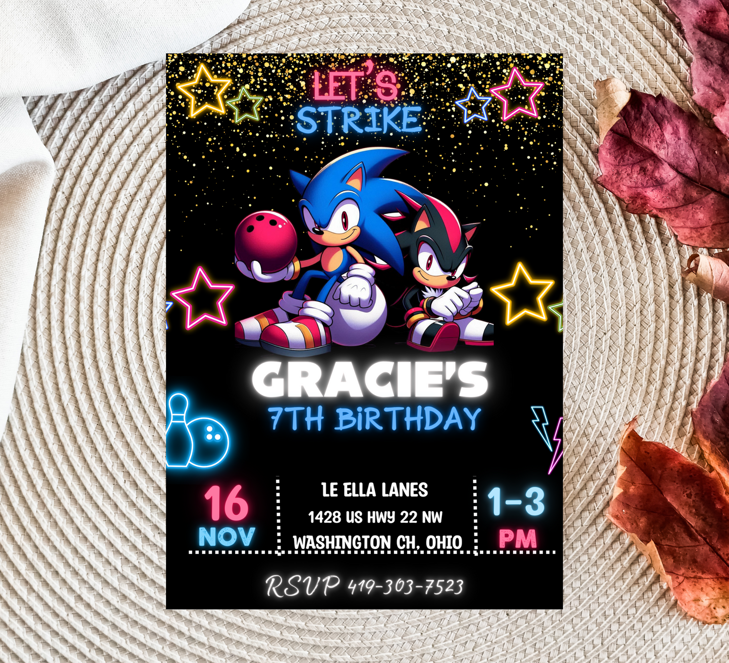 Sonic & Shadow Neon Bowling Birthday Invitation | Glow Bowling Party Invite | Editable Canva Template | Sonic Neon Birthday Invitation