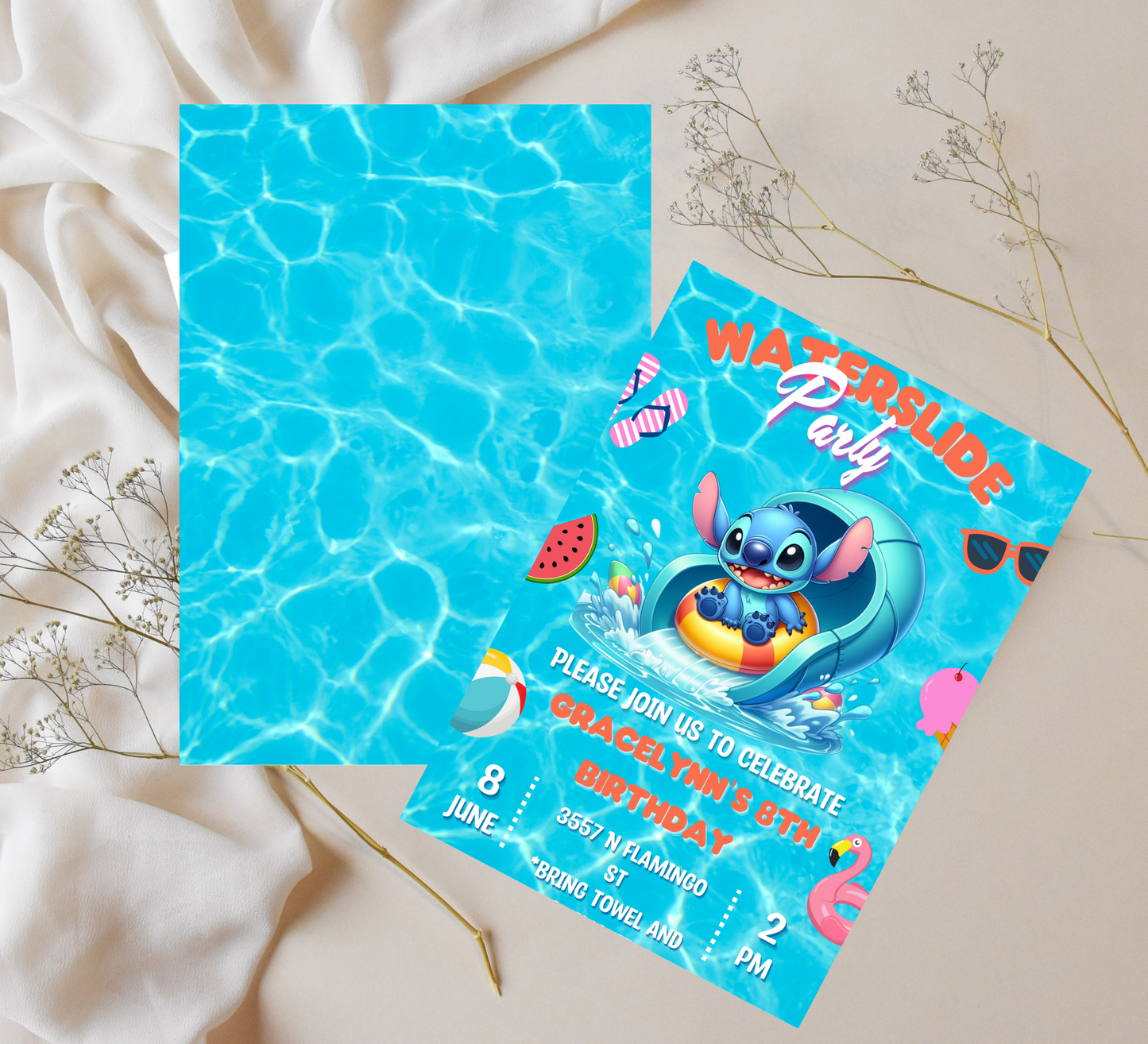 Stitch Waterslide Pool Birthday Invitation | Editable Canva Template | Tropical Swim Party Invite | Printable Summer Birthday Invitation