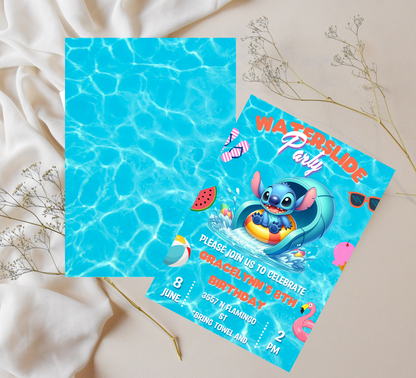 Stitch Waterslide Pool Birthday Invitation | Editable Canva Template | Tropical Swim Party Invite | Printable Summer Birthday Invitation