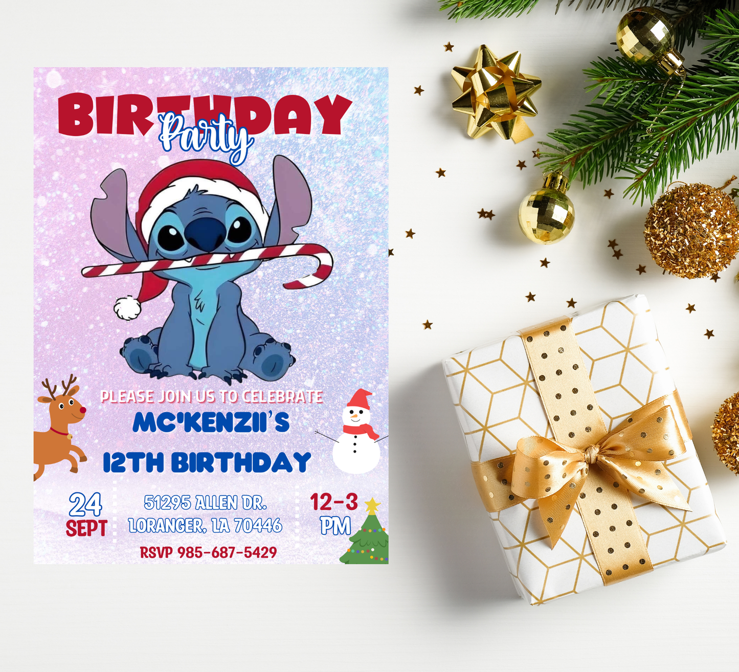 Stitch Christmas Winter Birthday Invitation | Cute Holiday Party Invite | Editable Template
