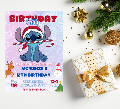 Stitch Christmas Winter Birthday Invitation | Cute Holiday Party Invite | Editable Template