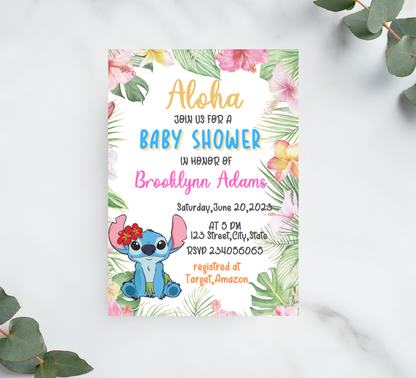 Stitch Baby Shower Aloha Hawaii Invitation | Tropical Girl or Boy Baby Shower | Editable Template