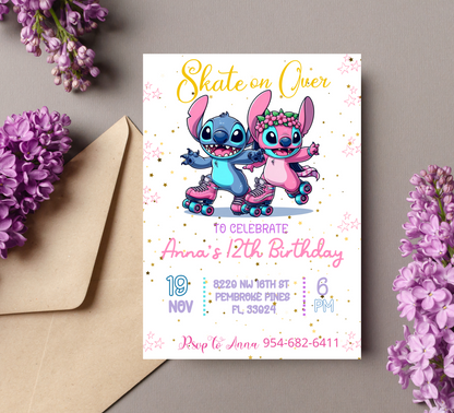 Lilo & Stitch Roller Skating Invitation | Retro Roller Disco Party Template Editable Canva Template | Stitch on Wheels Birthday Invite