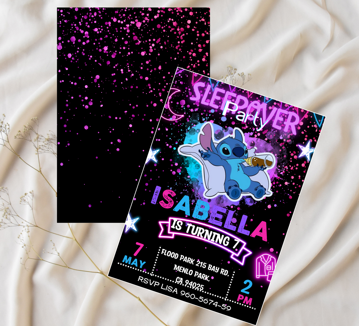 Stitch Neon Sleepover Birthday Invitation | Slumber Party Invite | Editable Canva Template | Kawaii Glow Party Printable
