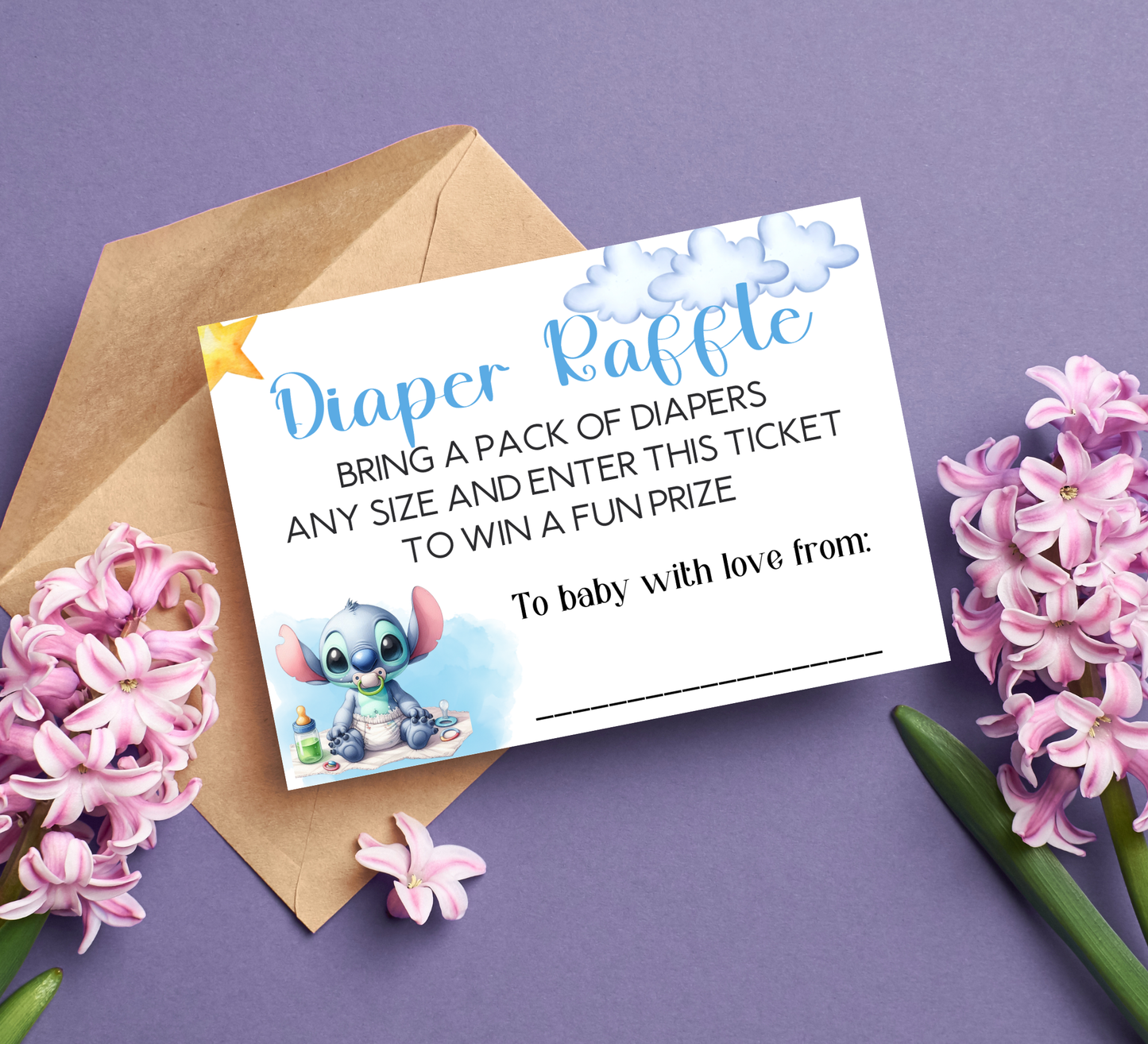 Stitch & Angel Watercolor Baby Shower Games Bundle | Diaper Raffle & Book Request Canva Template